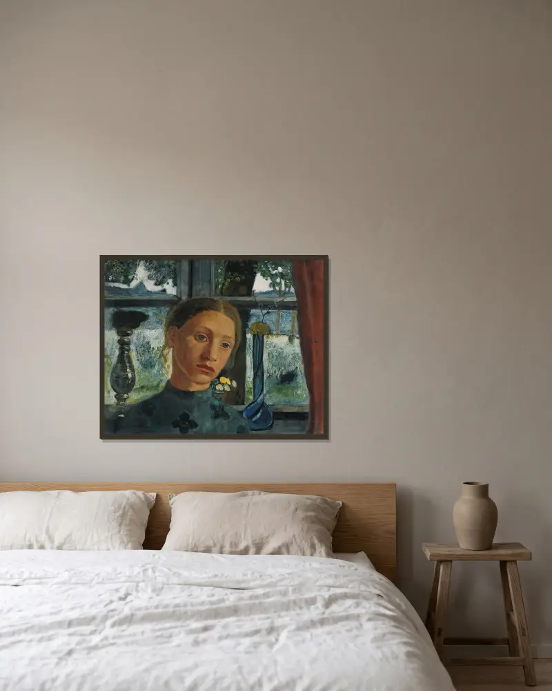 Mädchenkopf vor einem Fenster von Paula Modersohn-Becker gerahmt an einer Wand
