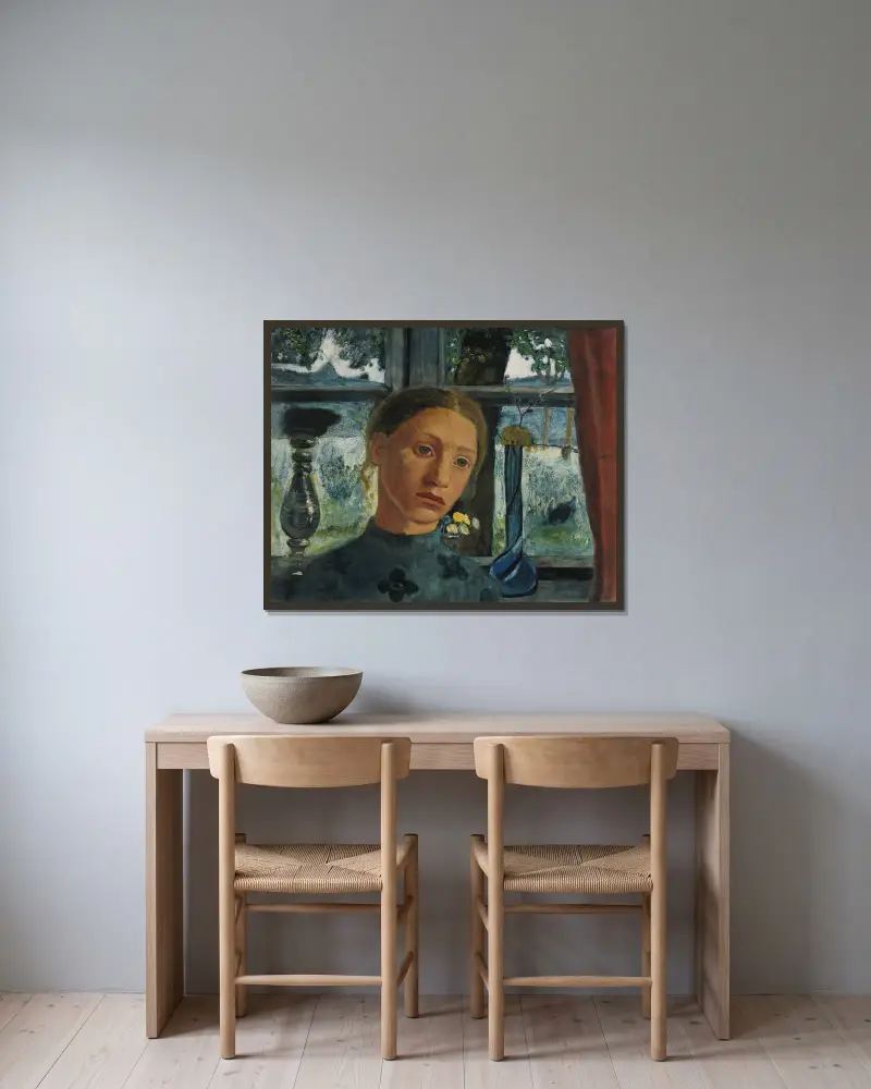 Mädchenkopf vor einem Fenster von Paula Modersohn-Becker gerahmt an einer Wand