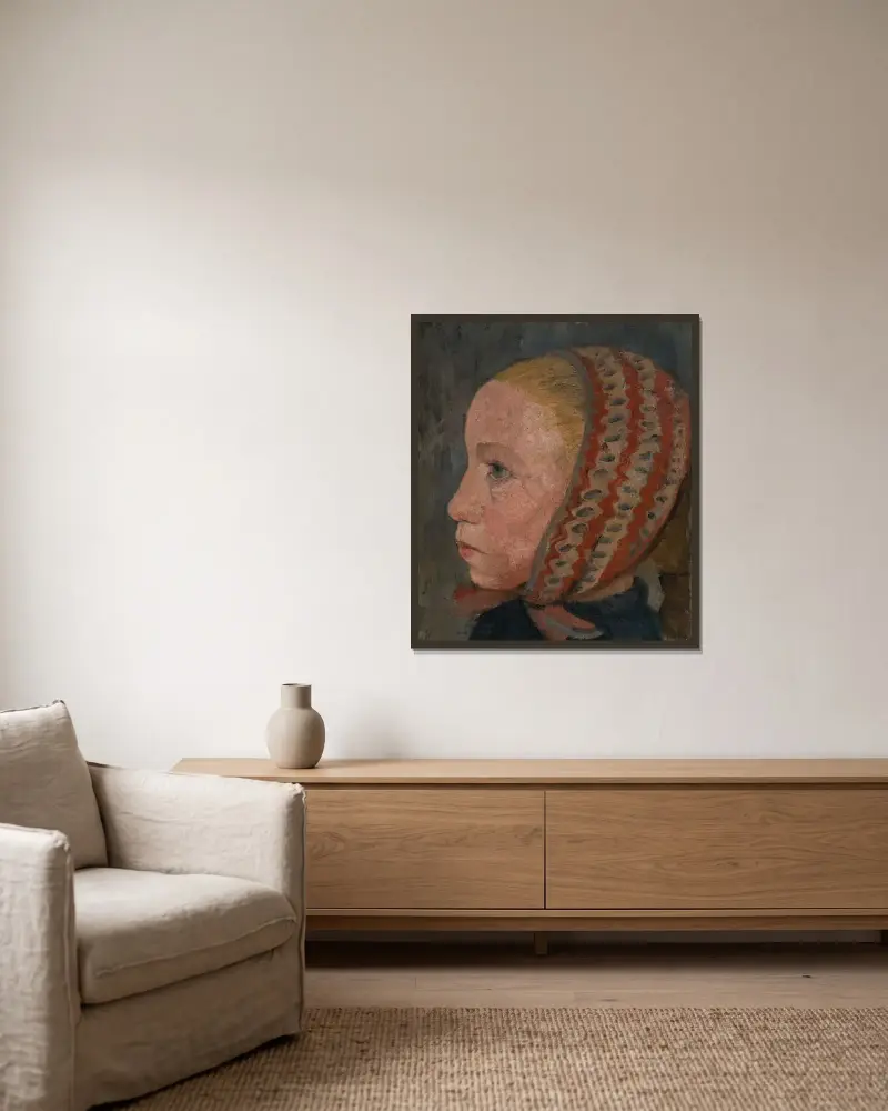 Mädchenkopf mit gestreifter Mütze im Profil nach links von Paula Modersohn-Becker gerahmt an einer Wand