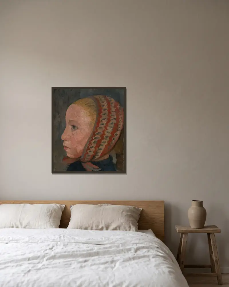 Mädchenkopf mit gestreifter Mütze im Profil nach links von Paula Modersohn-Becker gerahmt an einer Wand