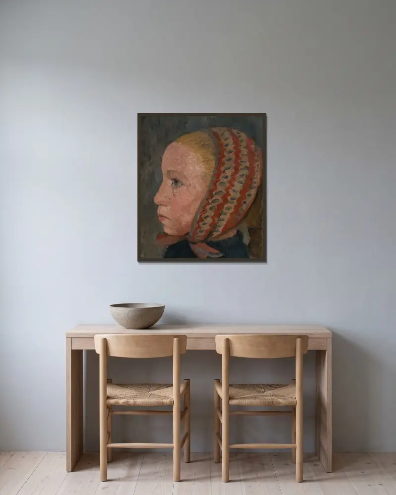 Mädchenkopf mit gestreifter Mütze im Profil nach links von Paula Modersohn-Becker gerahmt an einer Wand
