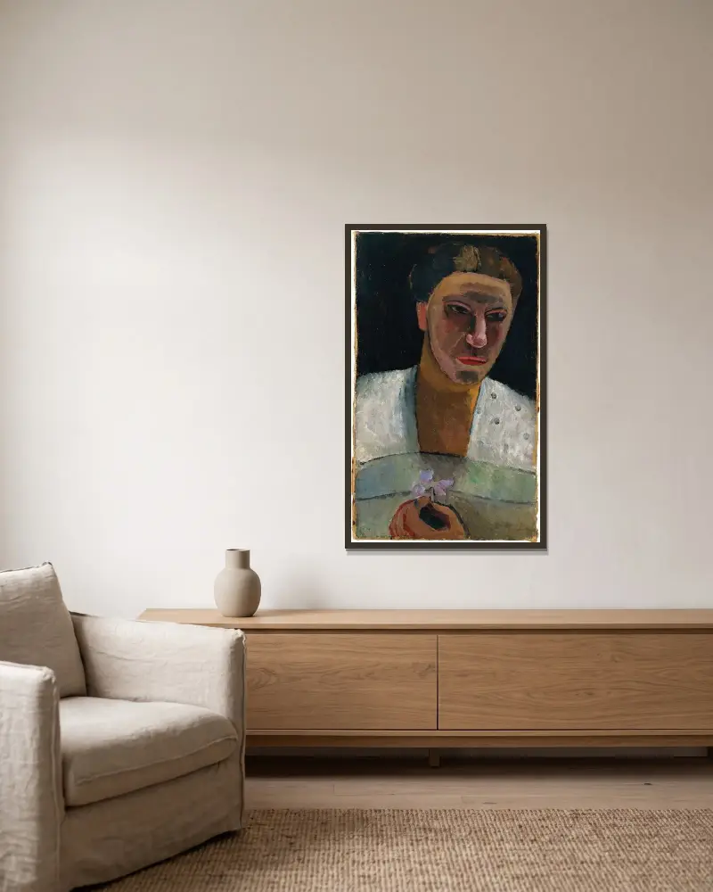 Portret do połowy postaci Lee Hoetger z kwiatem, Paula Modersohn-Becker w ramie na ścianie