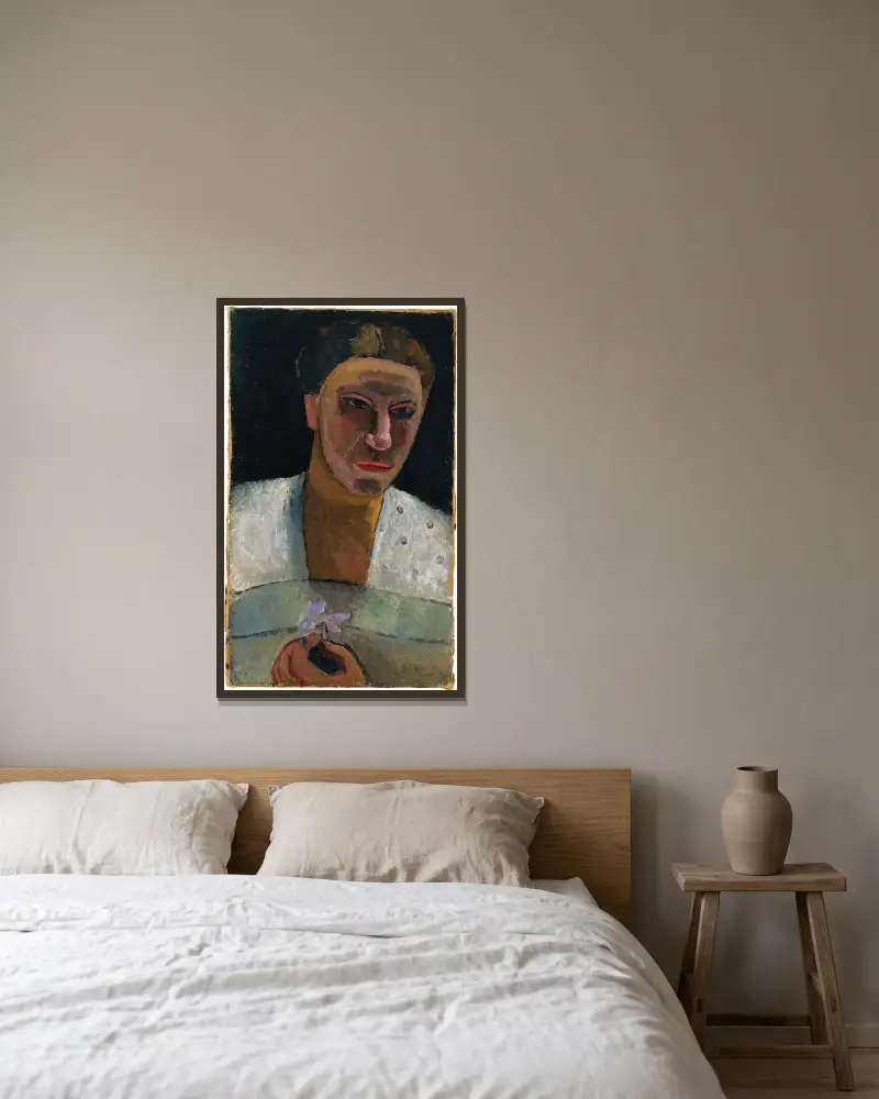 Portret do połowy postaci Lee Hoetger z kwiatem, Paula Modersohn-Becker w ramie na ścianie