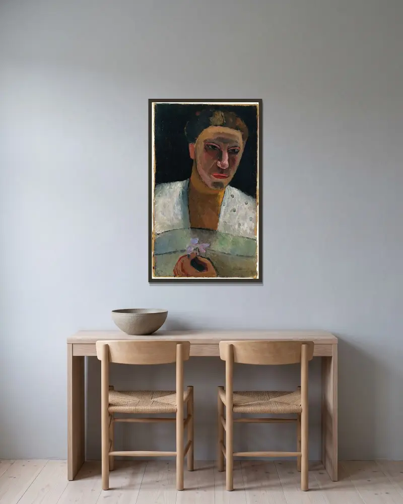 Portret do połowy postaci Lee Hoetger z kwiatem, Paula Modersohn-Becker w ramie na ścianie