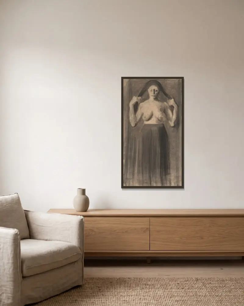 Halbakt mit auseinandergehaltenem Haar von Paula Modersohn-Becker gerahmt an einer Wand