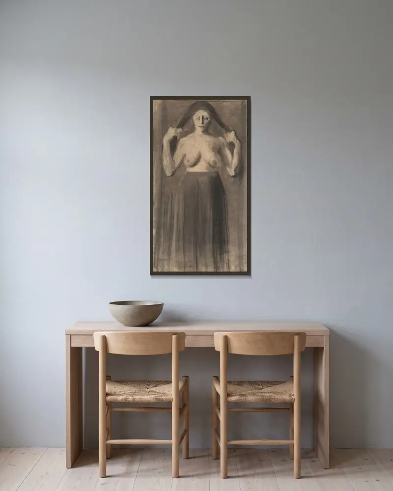 Halbakt mit auseinandergehaltenem Haar von Paula Modersohn-Becker gerahmt an einer Wand