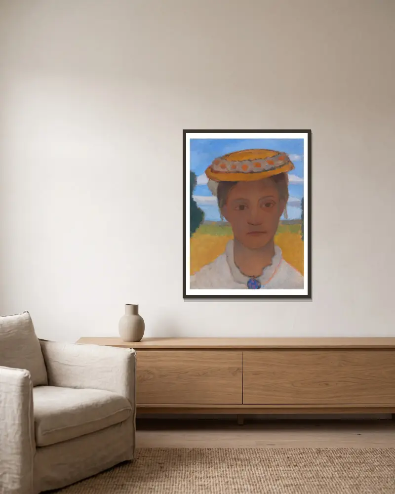 Kopf der Schwester Herma mit Marienblümchenkranz auf dem Hut av Paula Modersohn-Becker inramad på en vägg