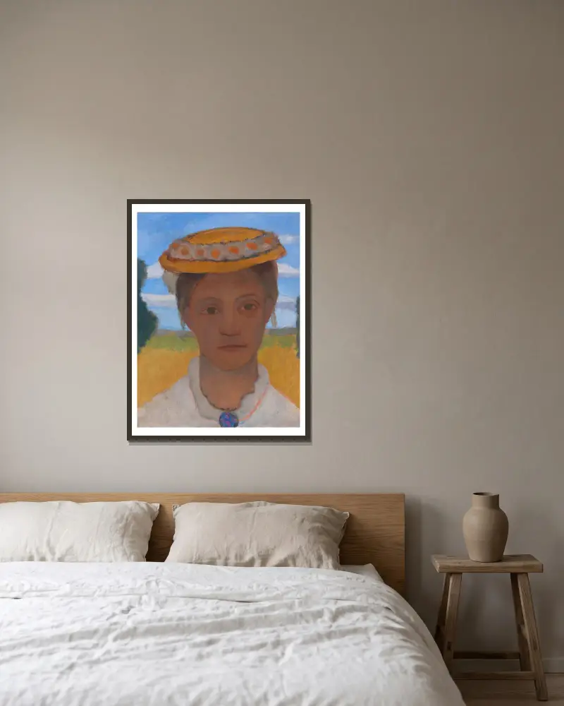 Kopf der Schwester Herma mit Marienblümchenkranz auf dem Hut av Paula Modersohn-Becker inramad på en vägg