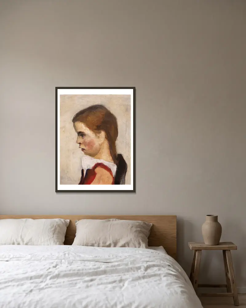 Kopf eines sitzenden Mädchens, nach links av Paula Modersohn-Becker inramad på en vägg