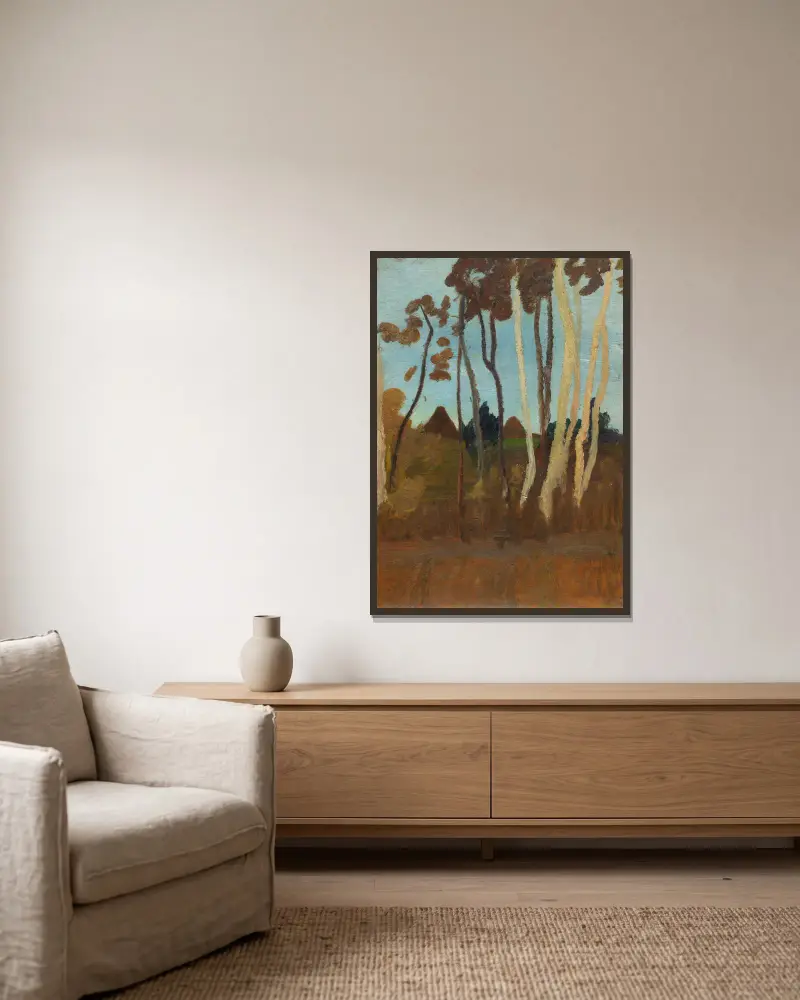 Landschaft mit Birken, im Hintergrund zwei Hausgiebel av Paula Modersohn-Becker inramad på en vägg