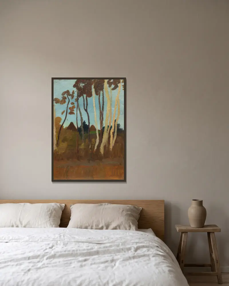 Landschaft mit Birken, im Hintergrund zwei Hausgiebel av Paula Modersohn-Becker inramad på en vägg