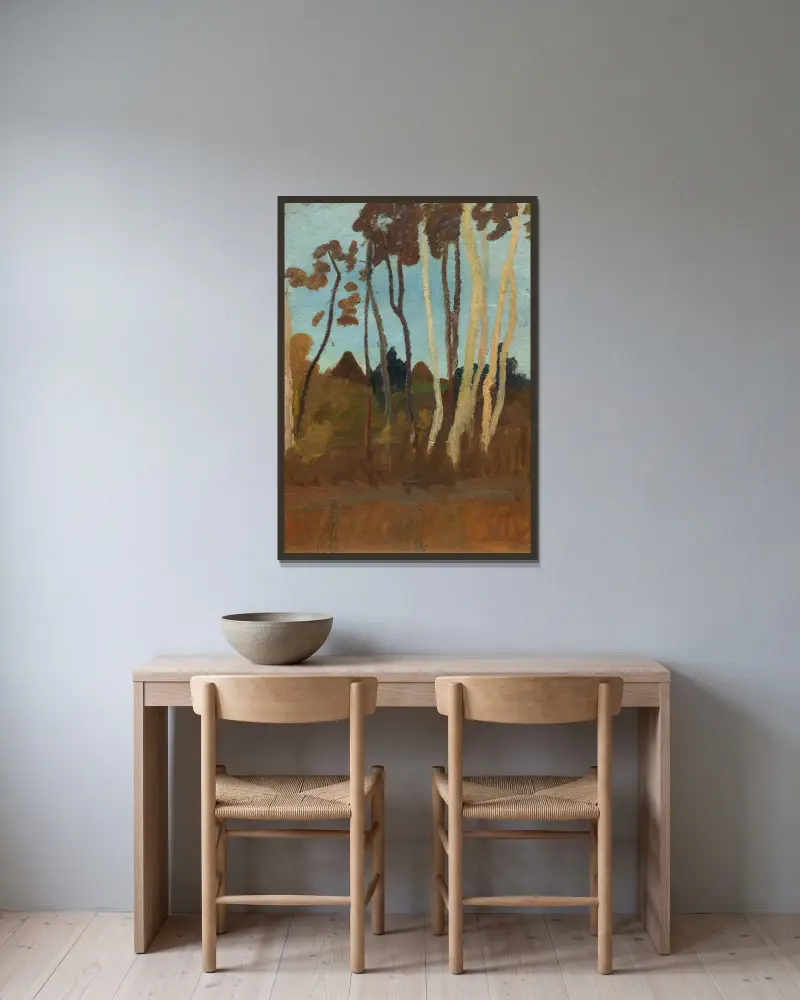 Landschaft mit Birken, im Hintergrund zwei Hausgiebel av Paula Modersohn-Becker inramad på en vägg
