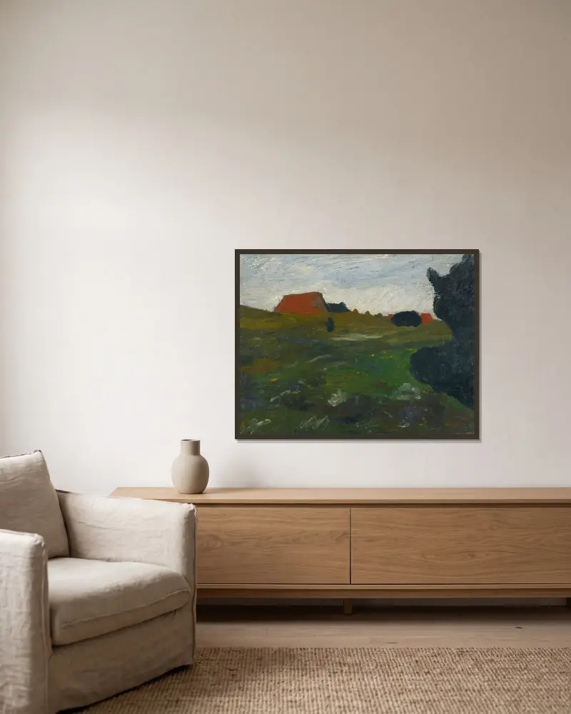Landschaft mit Busch und roten Häusern von Paula Modersohn-Becker gerahmt an einer Wand