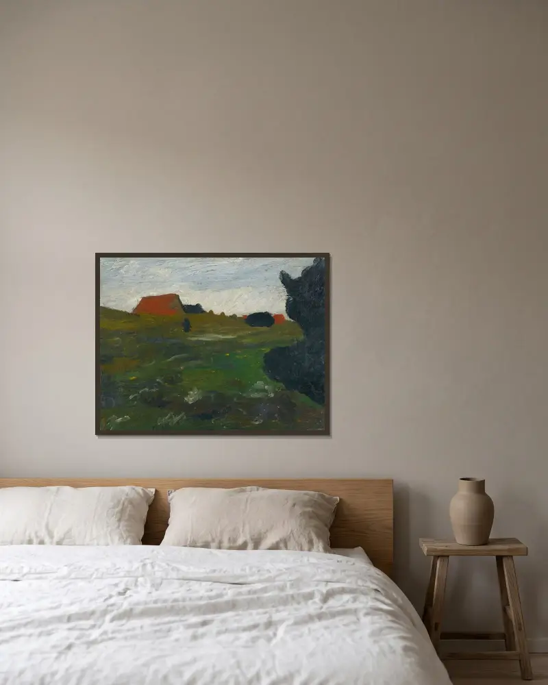 Landschaft mit Busch und roten Häusern von Paula Modersohn-Becker gerahmt an einer Wand
