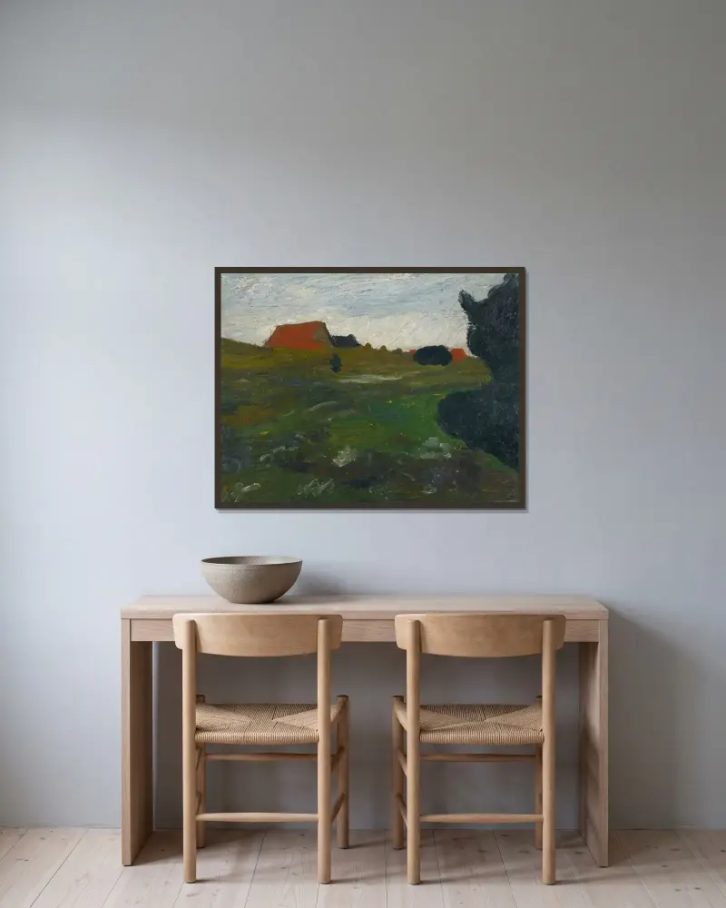 Landschaft mit Busch und roten Häusern von Paula Modersohn-Becker gerahmt an einer Wand