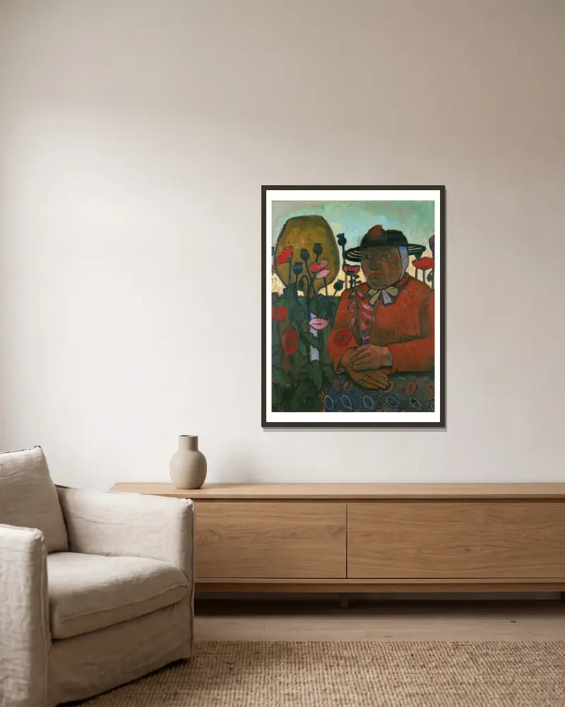 Old poor woman with a glass ball and poppies av Paula Modersohn-Becker inramad på en vägg