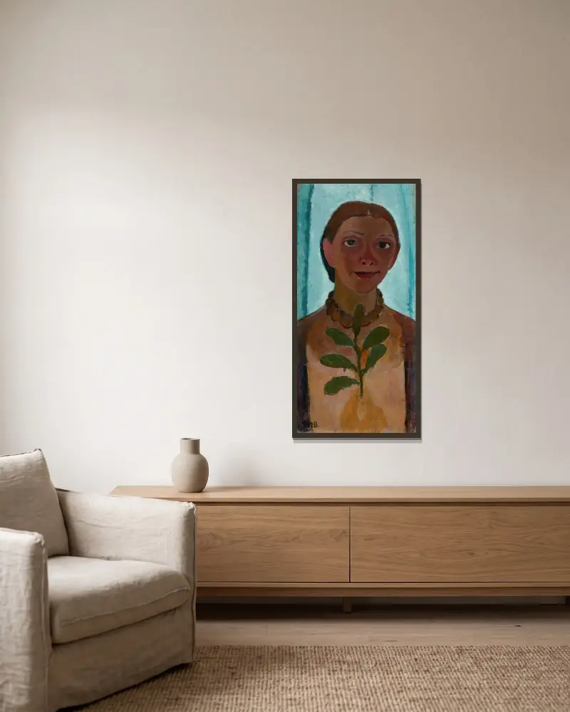 Selbstbildnis mit Kamelienzweig von Paula Modersohn-Becker gerahmt an einer Wand
