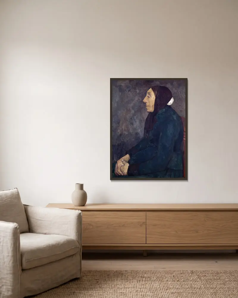 Sitzende alte Bäuerin von Paula Modersohn-Becker gerahmt an einer Wand
