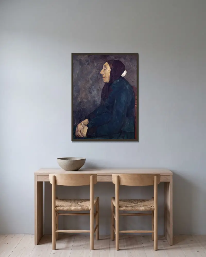 Sitzende alte Bäuerin von Paula Modersohn-Becker gerahmt an einer Wand