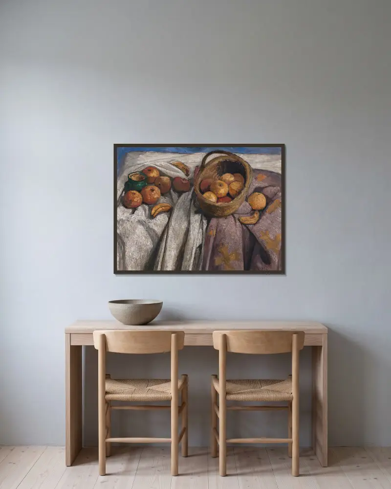 Still life with apples and bananas av Paula Modersohn-Becker inramad på en vägg