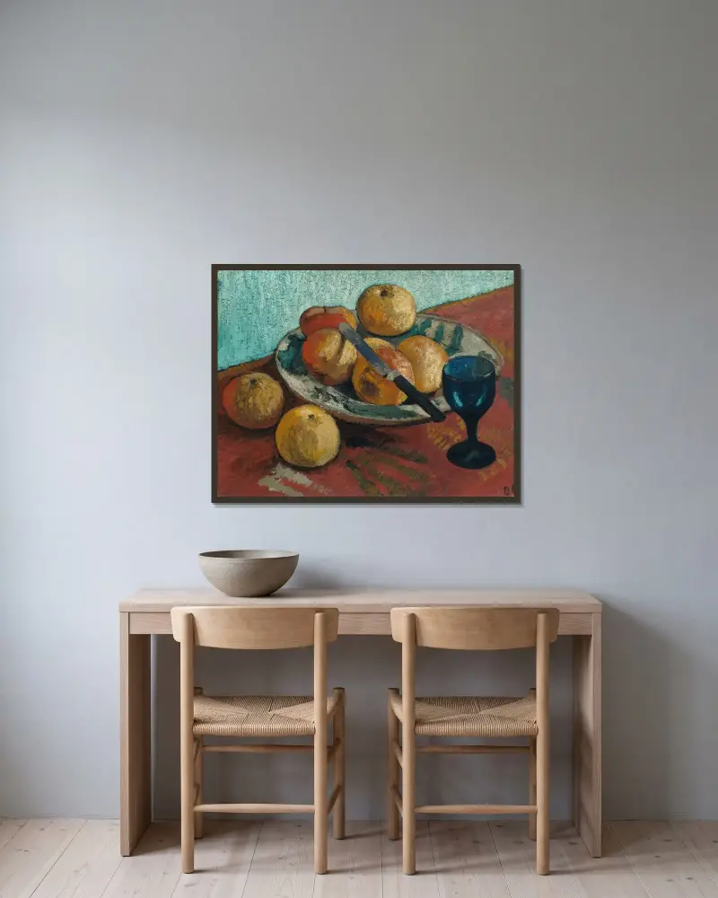 Martwa natura z jabłkami i zieloną szklanką, Paula Modersohn-Becker w ramie na ścianie