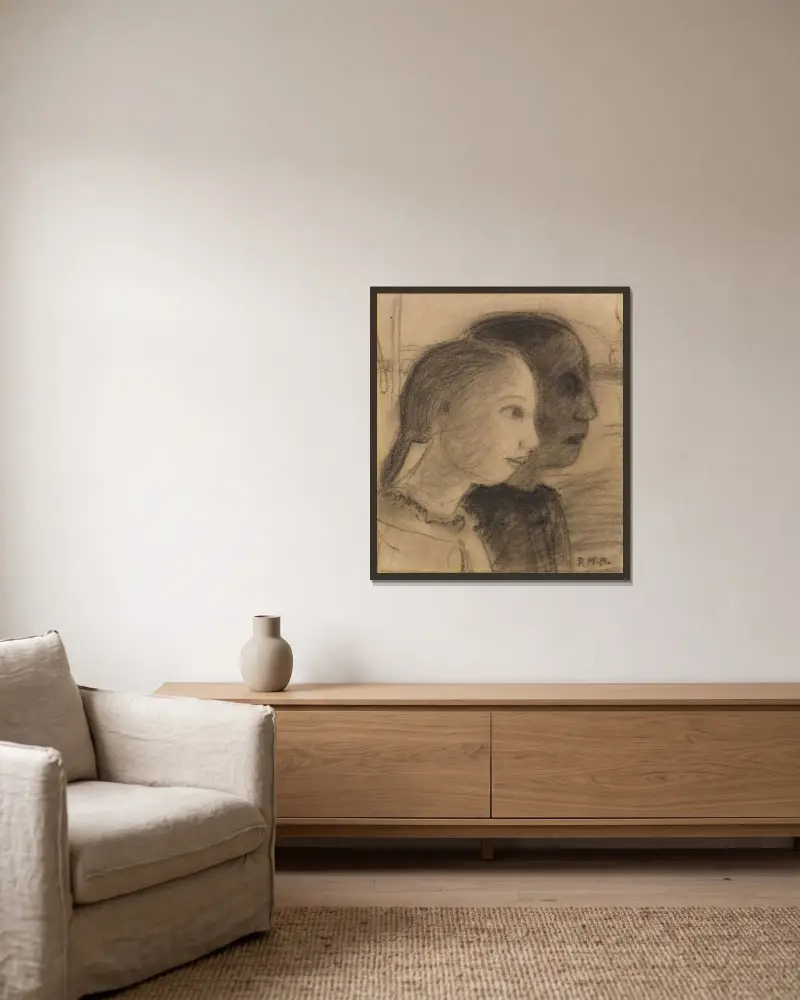 Zwei Mädchenköpfe im Profil nach rechts von Paula Modersohn-Becker gerahmt an einer Wand
