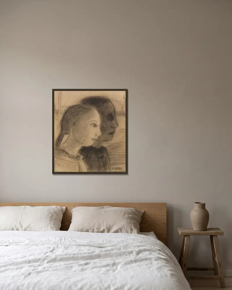 Zwei Mädchenköpfe im Profil nach rechts von Paula Modersohn-Becker gerahmt an einer Wand