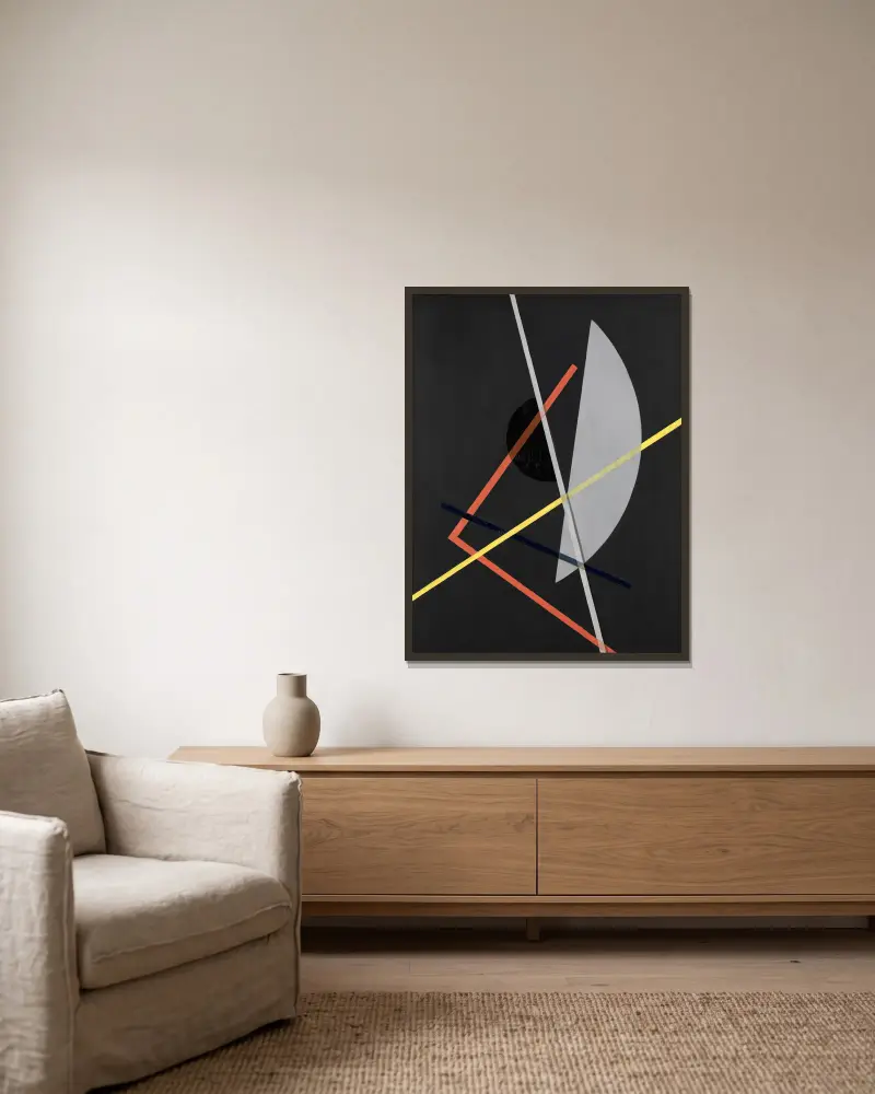 E IV (Konstrukce VII), László Moholy-Nagy v rámu na stěně