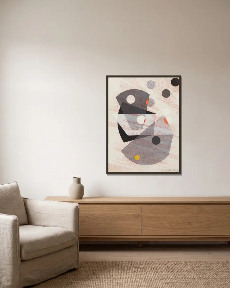 Graue Überlagerungen von László Moholy-Nagy gerahmt an einer Wand