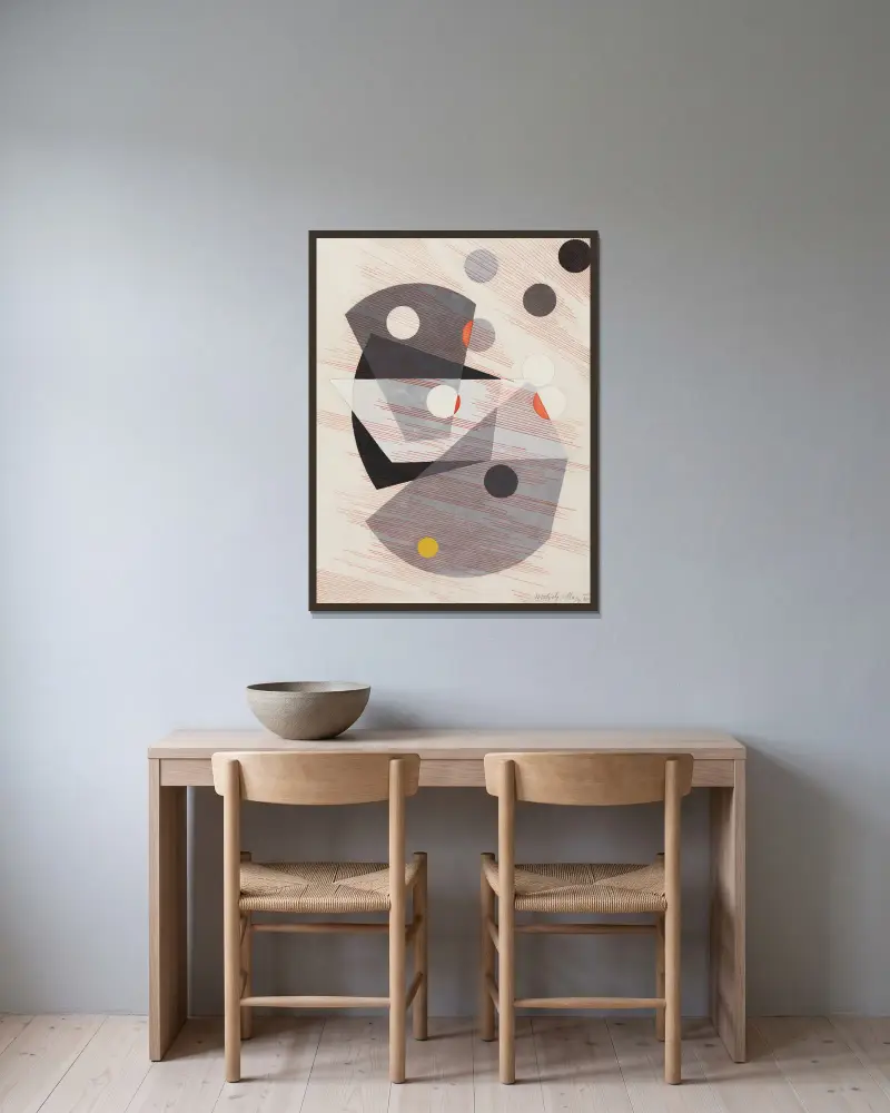 Graue Überlagerungen von László Moholy-Nagy gerahmt an einer Wand
