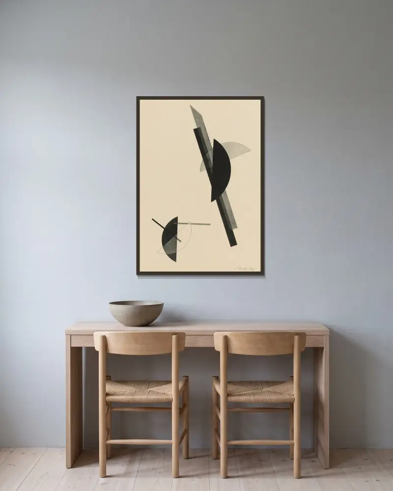 Kestnermappe; Kompozice (jeden list), 1922 – Nr. 2, László Moholy-Nagy v rámu na stěně