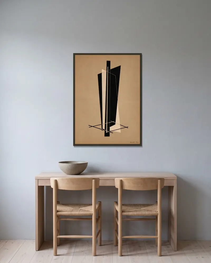 Konstrucktion VI av László Moholy-Nagy inramad på en vägg