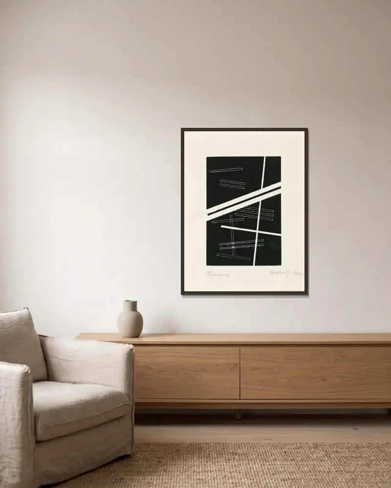Unbenannte Komposition von László Moholy-Nagy gerahmt an einer Wand