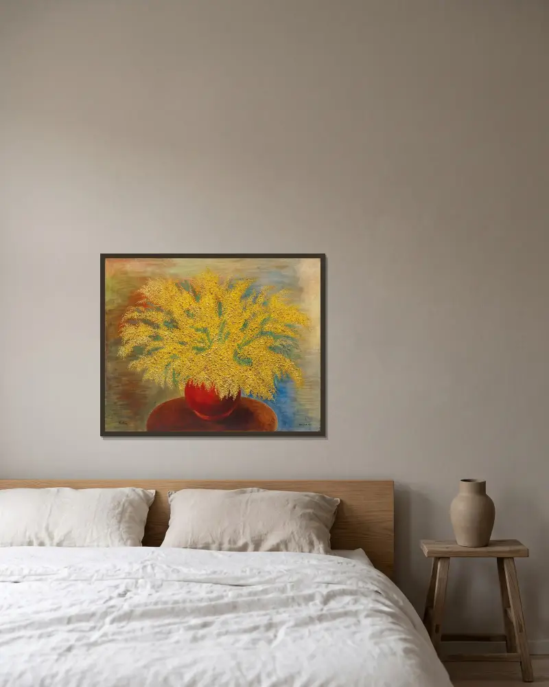 Mimosabukett im roten Topf von Moïse Kisling gerahmt an einer Wand