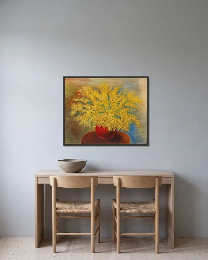 Mimosabukett im roten Topf von Moïse Kisling gerahmt an einer Wand
