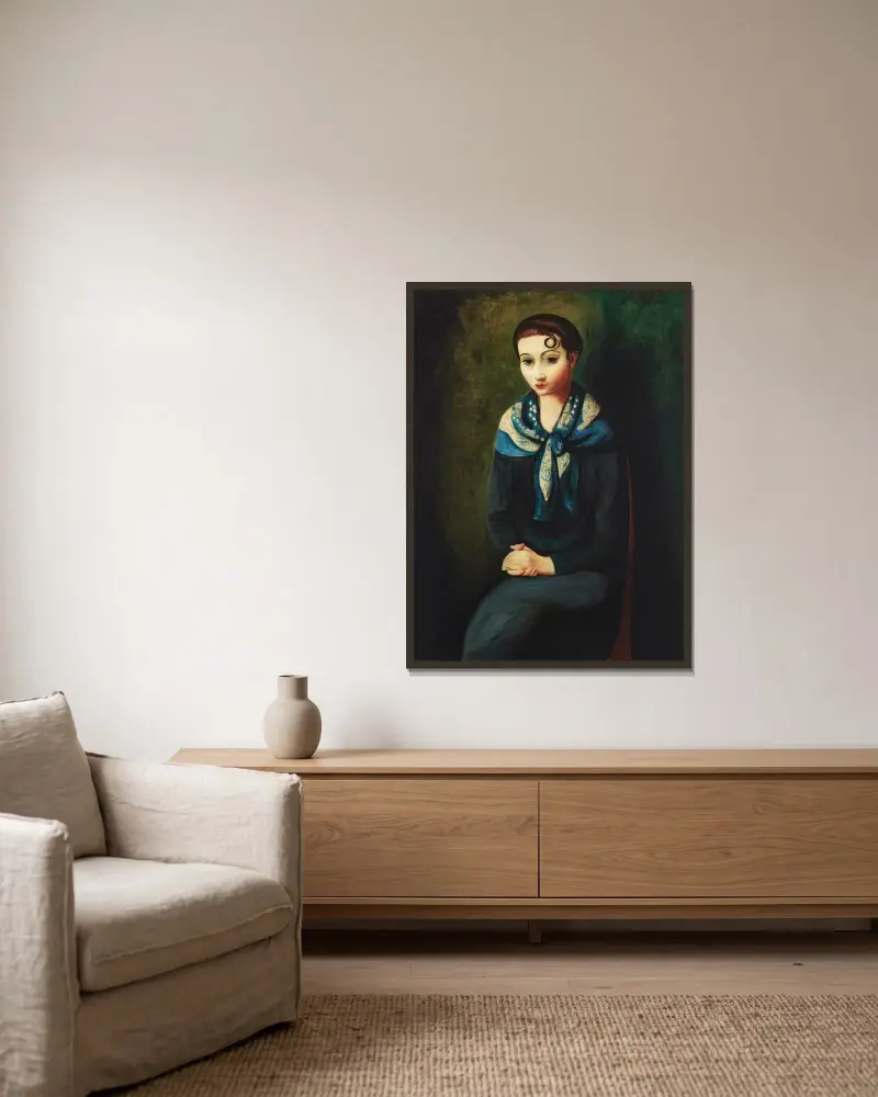 Frau mit blauem Schal von Moïse Kisling gerahmt an einer Wand