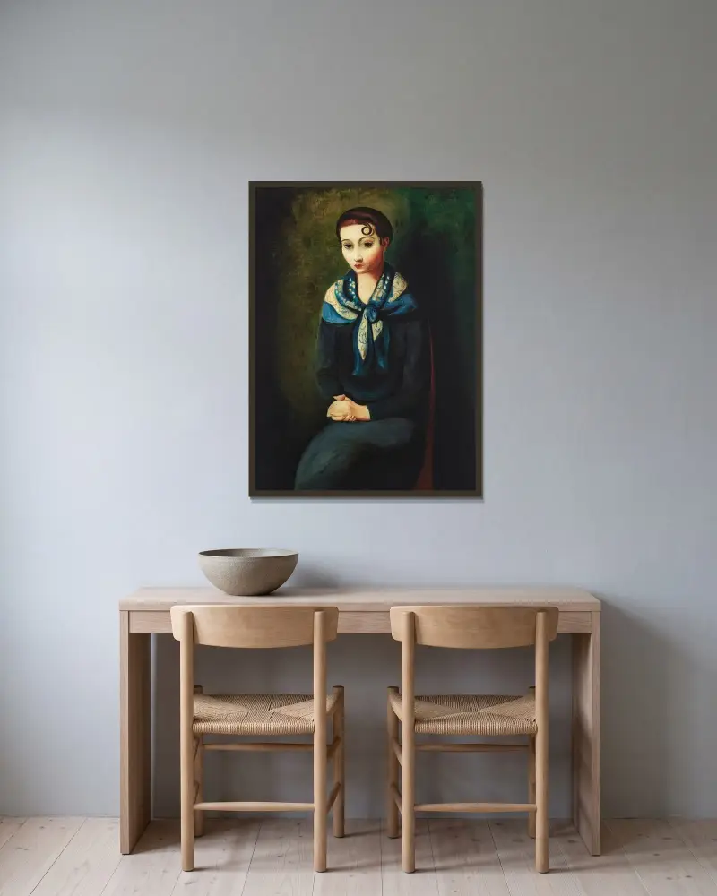 Frau mit blauem Schal von Moïse Kisling gerahmt an einer Wand