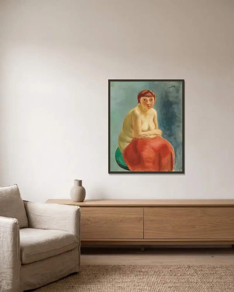 Sitzender Akt mit rotem Vorhang von Moïse Kisling gerahmt an einer Wand