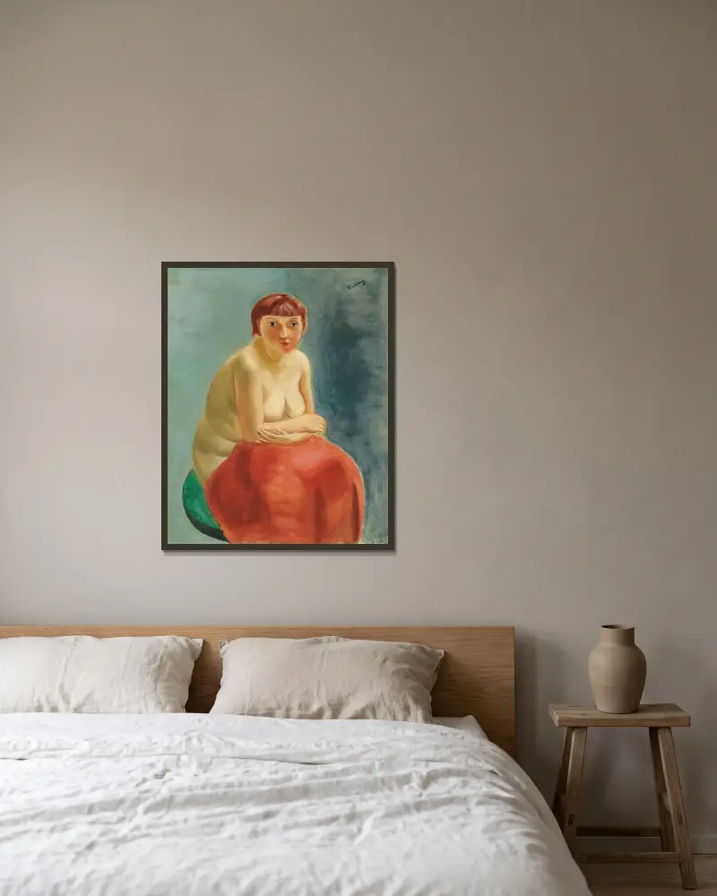 Sitzender Akt mit rotem Vorhang von Moïse Kisling gerahmt an einer Wand