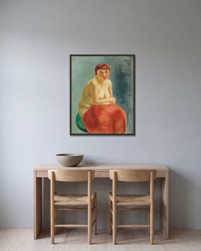 Sitzender Akt mit rotem Vorhang von Moïse Kisling gerahmt an einer Wand