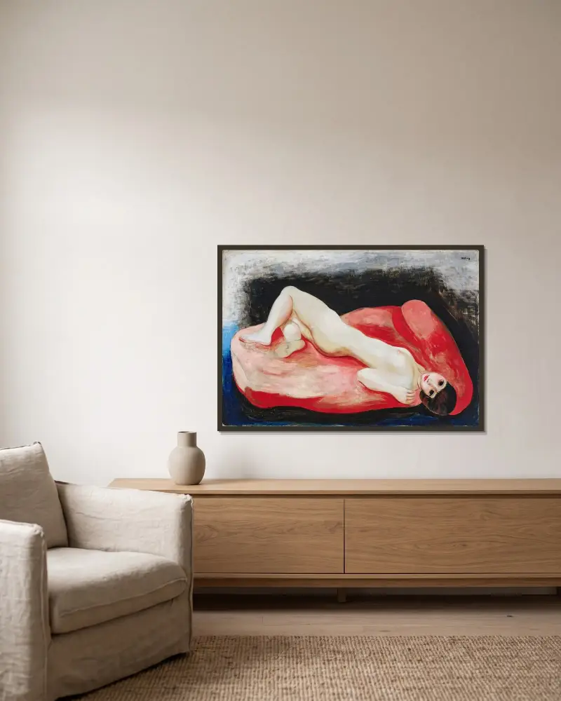 Akt liegend auf einem roten Sofa von Moïse Kisling gerahmt an einer Wand