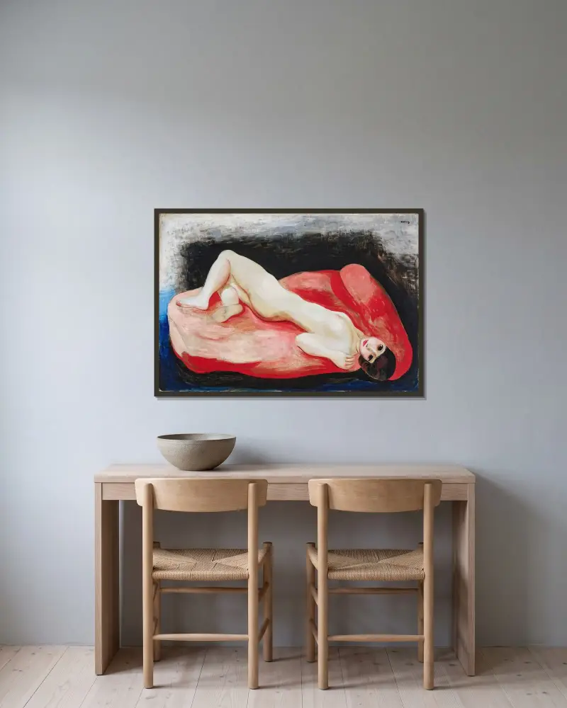 Akt liegend auf einem roten Sofa von Moïse Kisling gerahmt an einer Wand