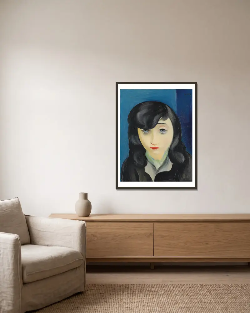 Porträtt av kvinna med lugg av Moïse Kisling inramad på en vägg