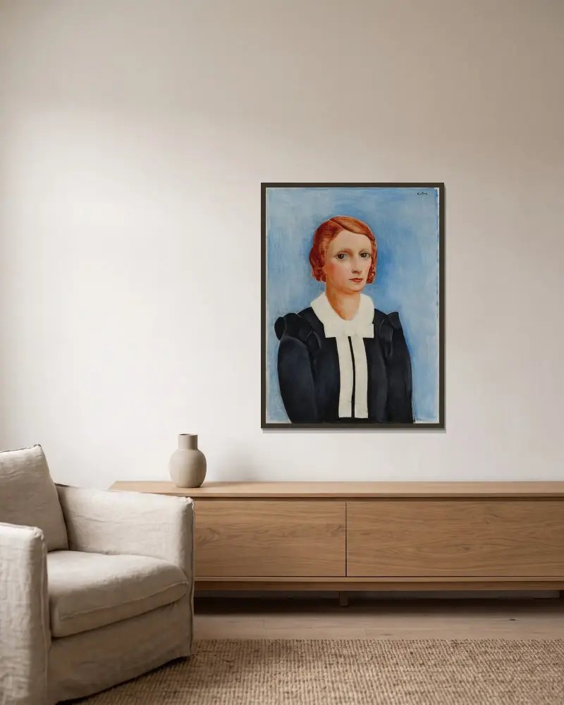 Frauenporträt vor blauem Hintergrund von Moïse Kisling gerahmt an einer Wand