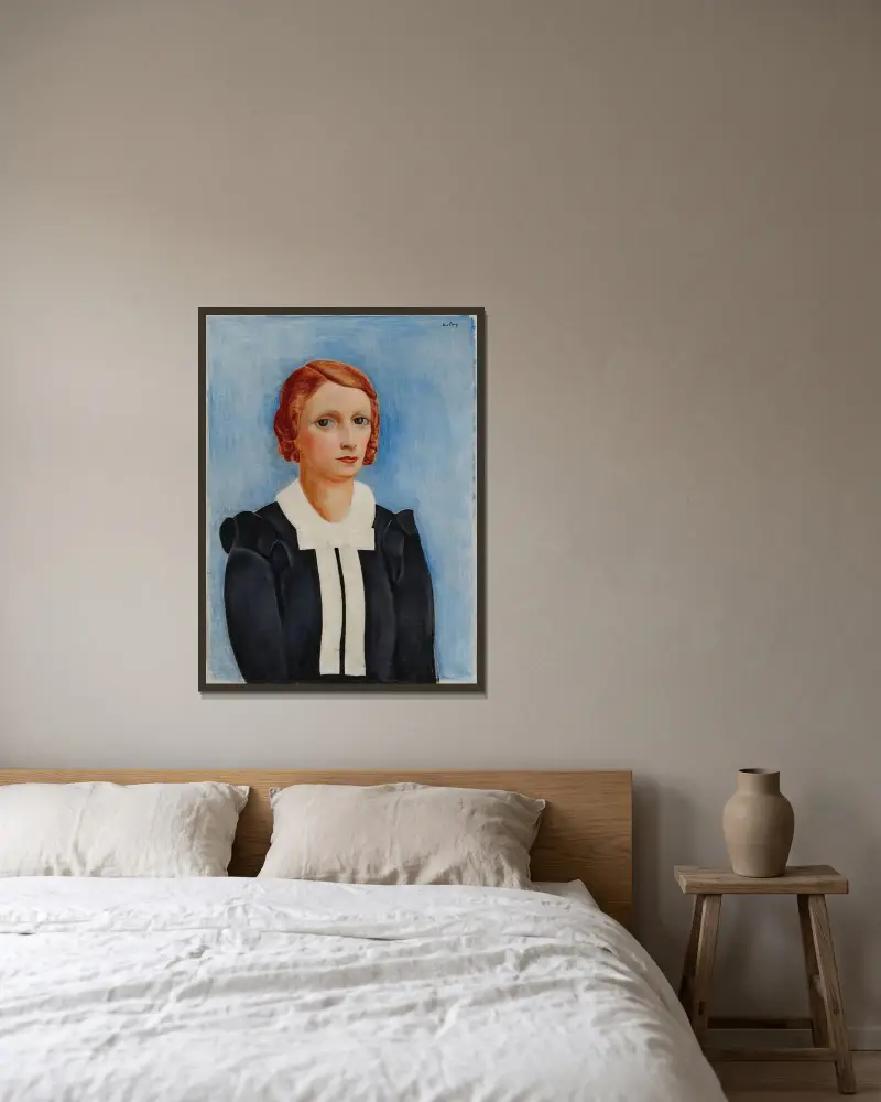 Frauenporträt vor blauem Hintergrund von Moïse Kisling gerahmt an einer Wand