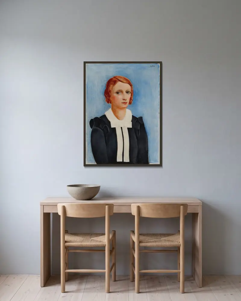Frauenporträt vor blauem Hintergrund von Moïse Kisling gerahmt an einer Wand