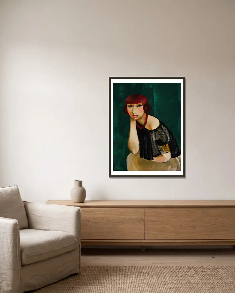 Portrait de la soeur de Mme Renée Kisling av Moïse Kisling inramad på en vägg