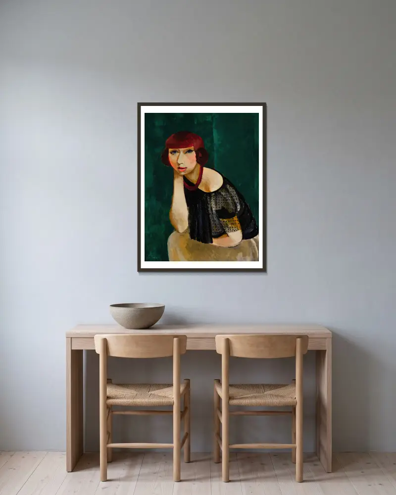 Portrait de la soeur de Mme Renée Kisling av Moïse Kisling inramad på en vägg
