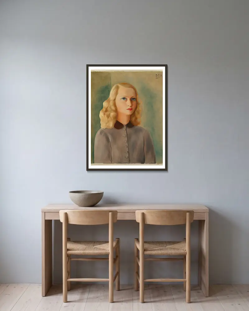 Porträtt av Madame Julien Duvivier av Moïse Kisling inramad på en vägg