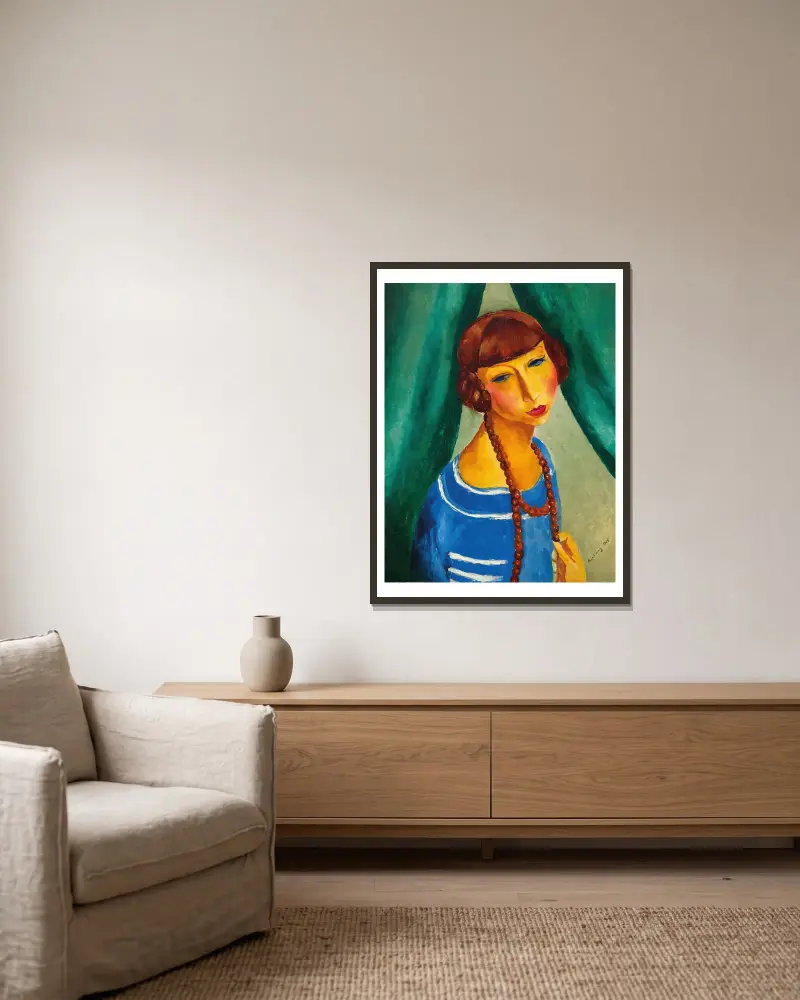 Portrait de Marguerite Gros, sœur de Mme Renée Kisling av Moïse Kisling inramad på en vägg